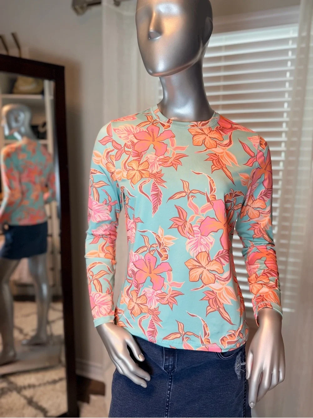 Roxy Tropical Floral Rash Guard Swim Top Medium Aqua Pink UPF Teal Coral Beach - Picture 1 of 9